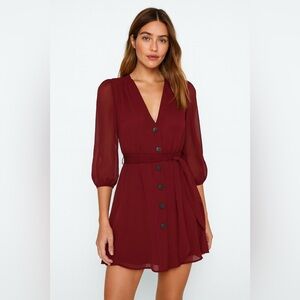 NWT Dynamite Button Front Belted Chiffon Mini Dress Wine Red XS Cocktail Party